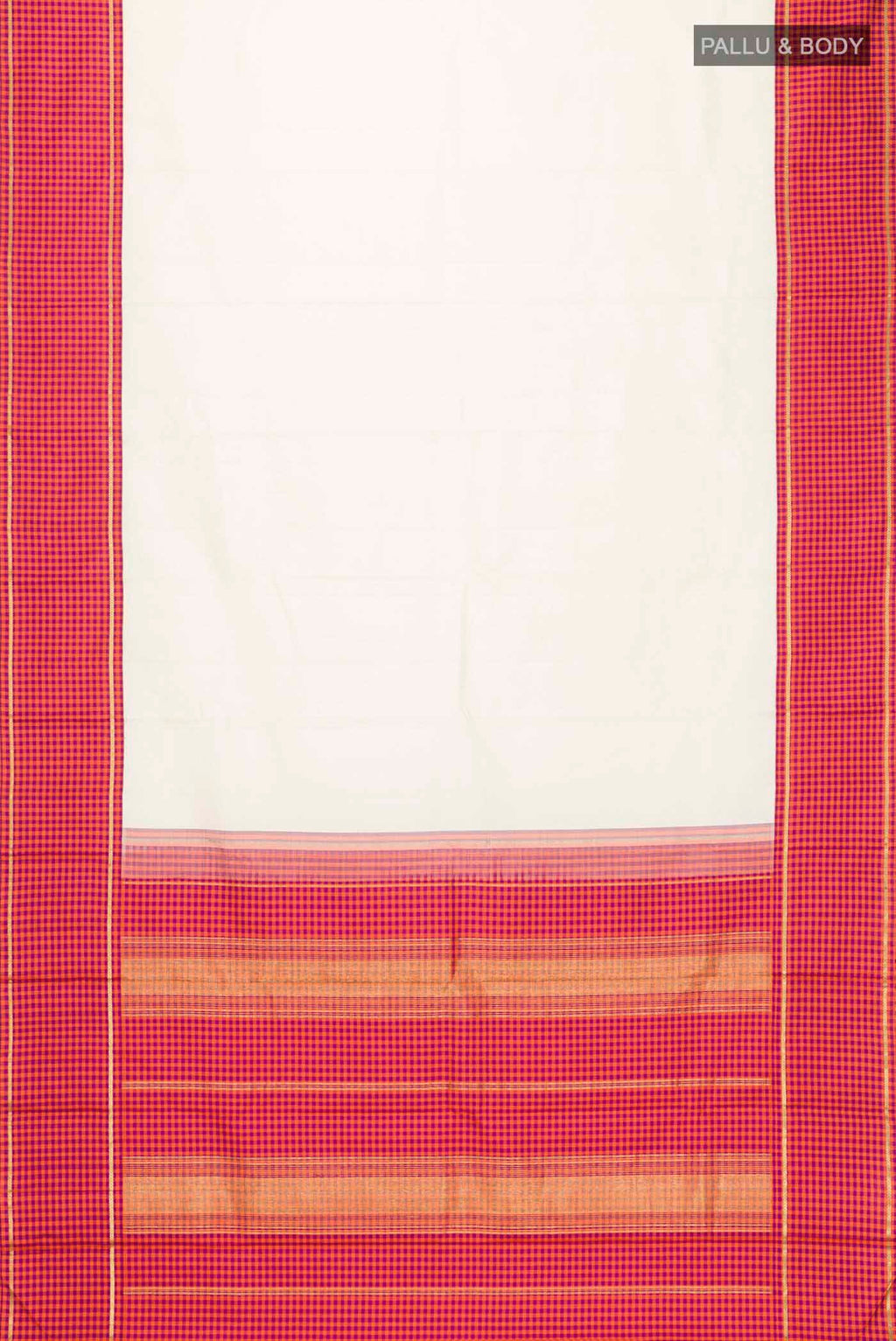Flat view of Pure Silk Pure Zari Off White Kanchipuram Saree with Plain Body and Checks Border