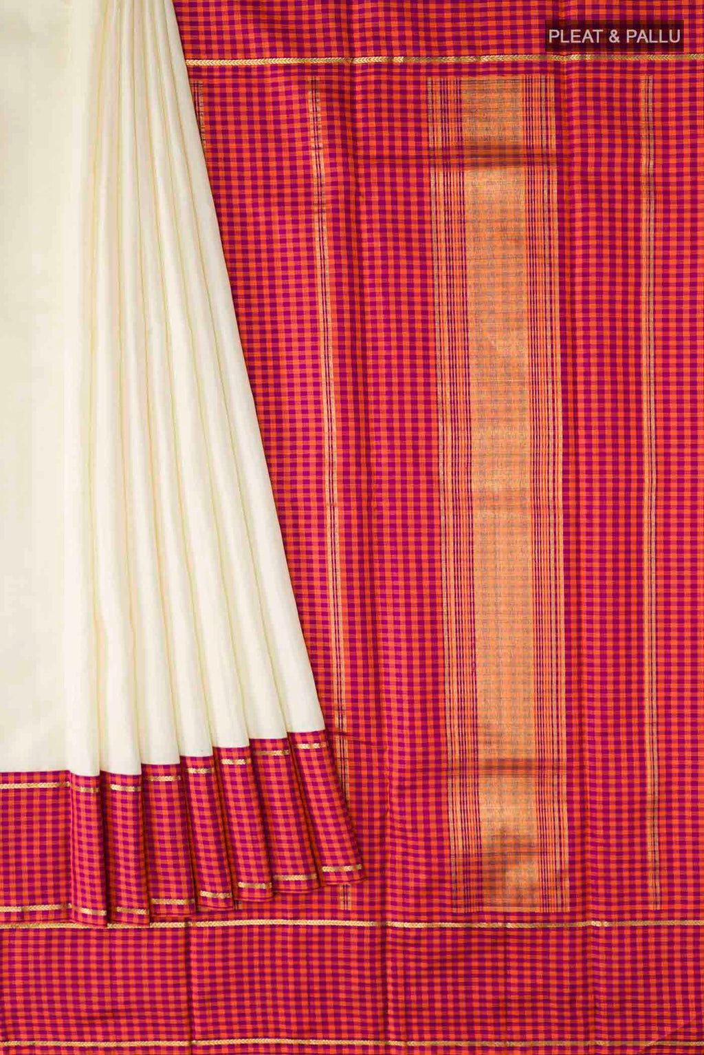 Pleats and pallu of Pure Silk Pure Zari Off White Kanchipuram Saree with Plain Body and Checks Border