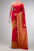 Pure Silk Pure Zari Red Dual Tone Kanjivaram Saree with Zari Butta on the body and Fancy Border.  displayed on a mannequin