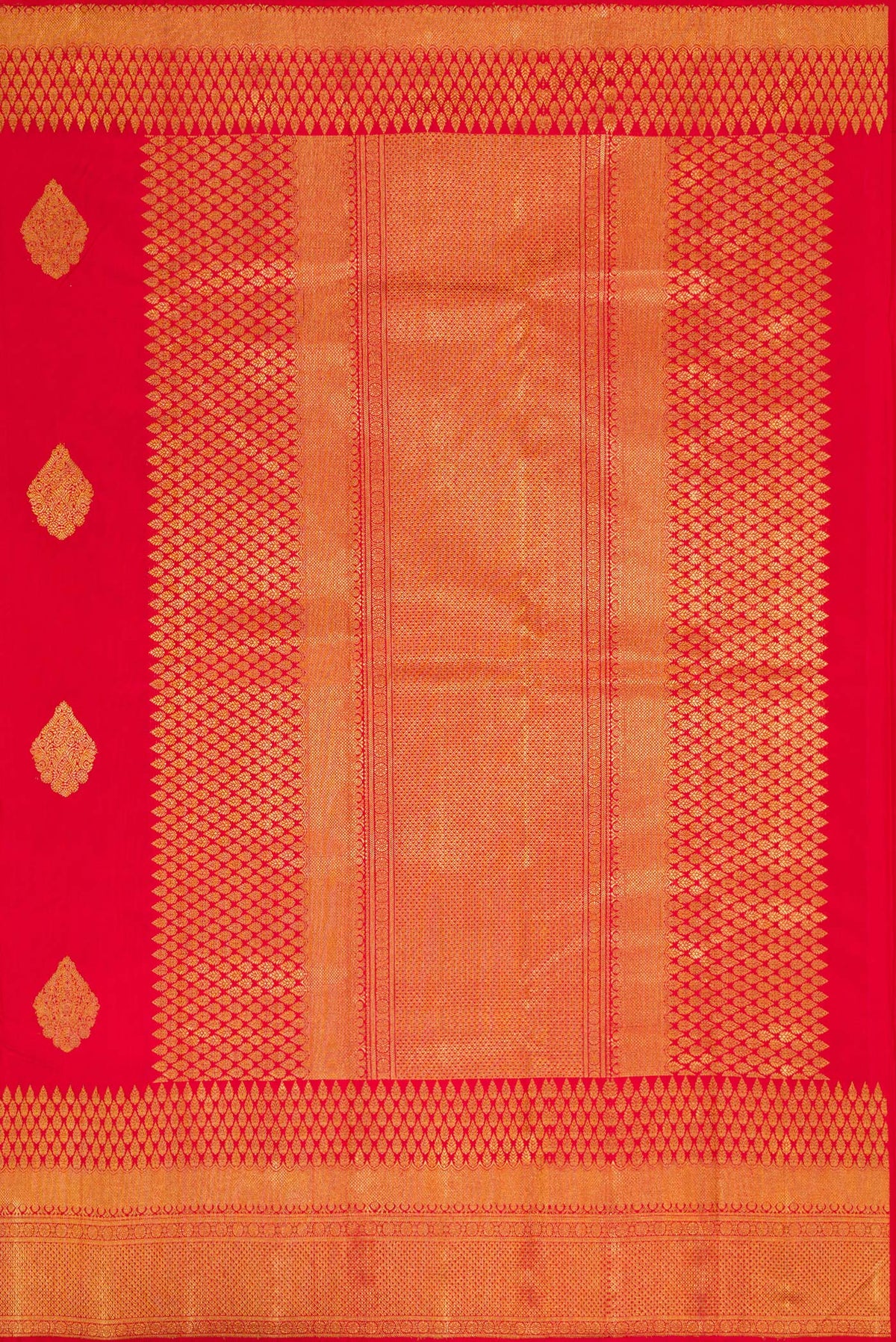 Close up image of the pallu of Pure Silk Pure Zari Red Dual Tone Kanjivaram Saree with Zari Butta on the body and Fancy Border. 