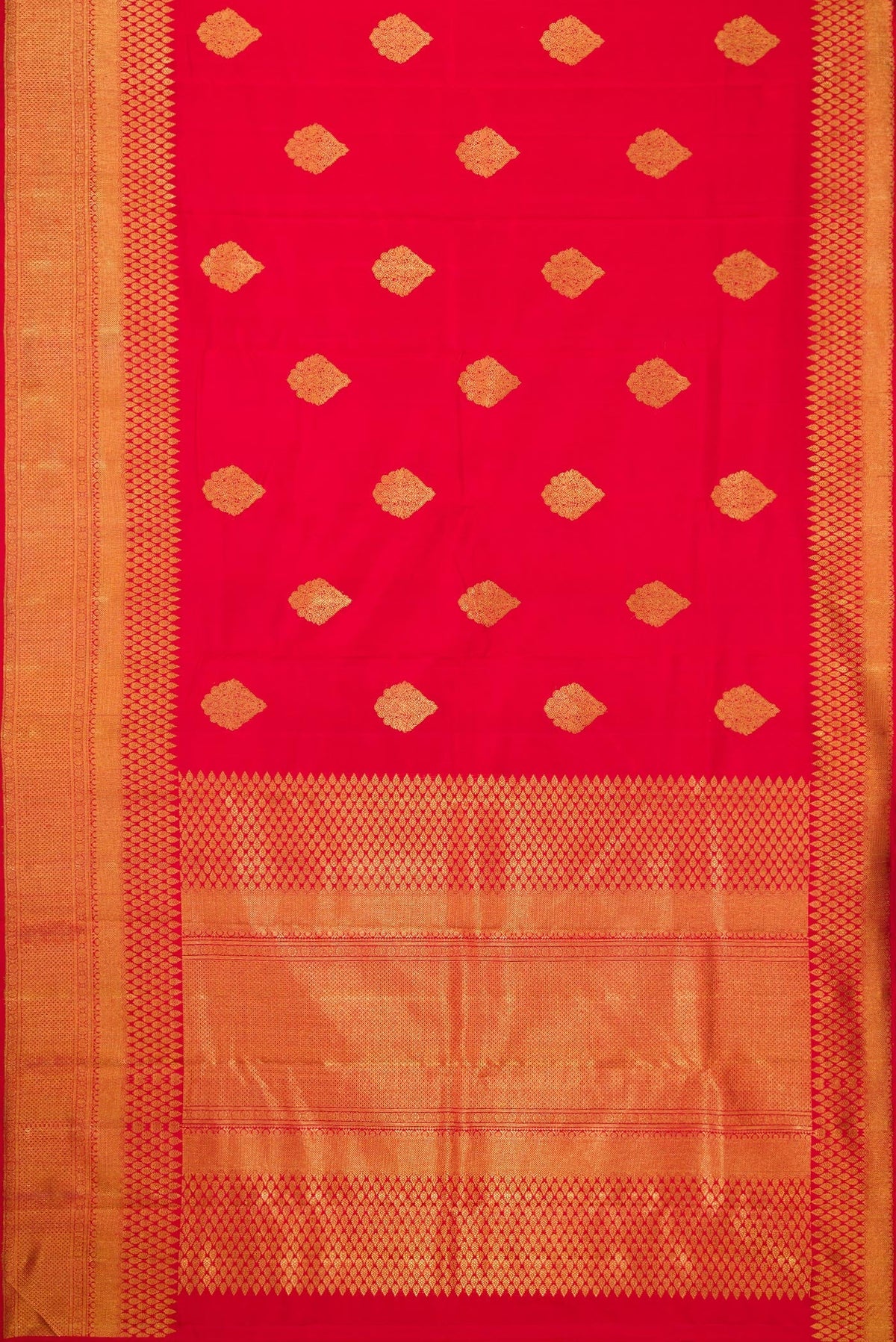 Flat view of Pure Silk Pure Zari Red Dual Tone Kanjivaram Saree with Zari Butta on the body and Fancy Border. 