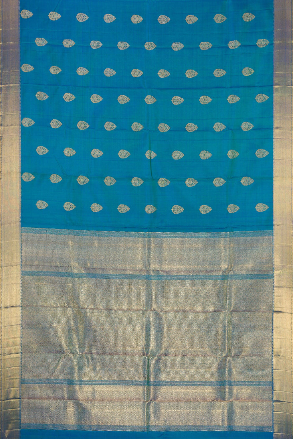 Flat view of Pure Silk Pure Zari Peacock Blue Dual Tone Kanjivaram Saree with Zari Butta on the body and Zari Border. 