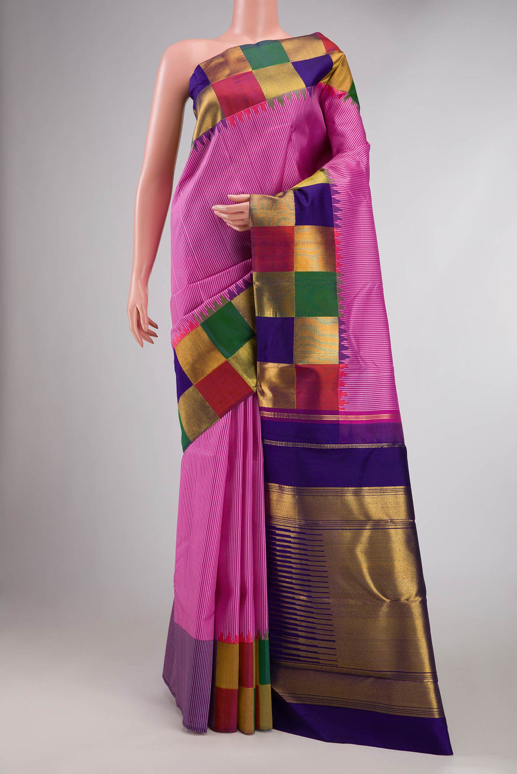 Pure Silk Pure Zari Pink Dual Tone Kanchipuram Saree with Checked design on the body and Fancy Border displayed on a mannequin