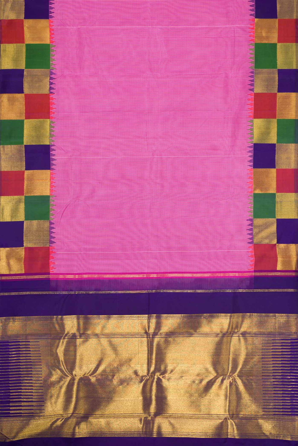 Flat view of Pure Silk Pure Zari Pink Dual Tone Kanchipuram Saree with Checked design on the body and Fancy Border