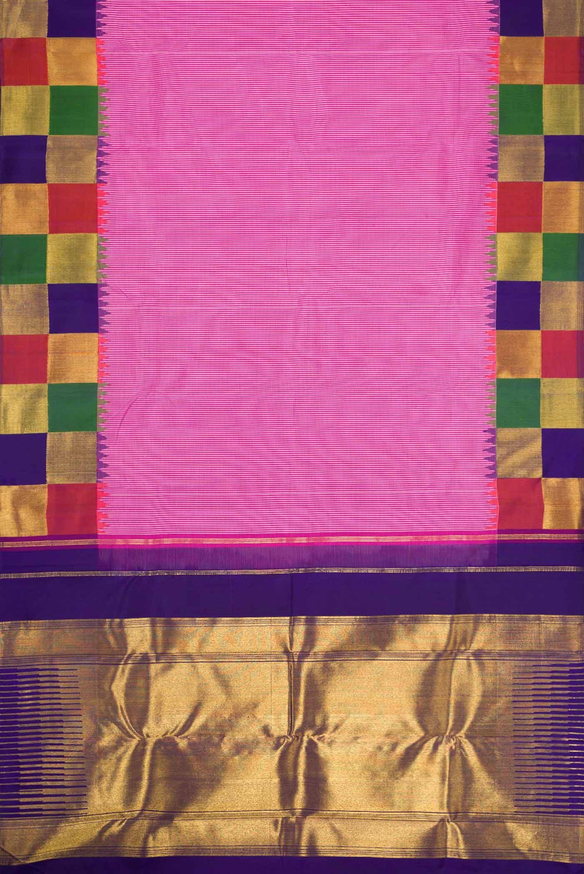 Flat view of Pure Silk Pure Zari Pink Dual Tone Kanchipuram Saree with Checked design on the body and Fancy Border