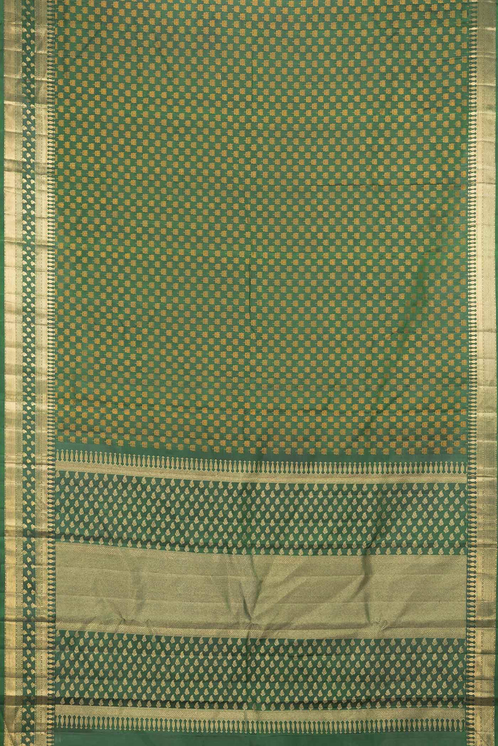 Flat view of Pure Silk Pure Zari Green Dual Tone Kanchipuram Saree with Thread Butta on the body and Zari Border