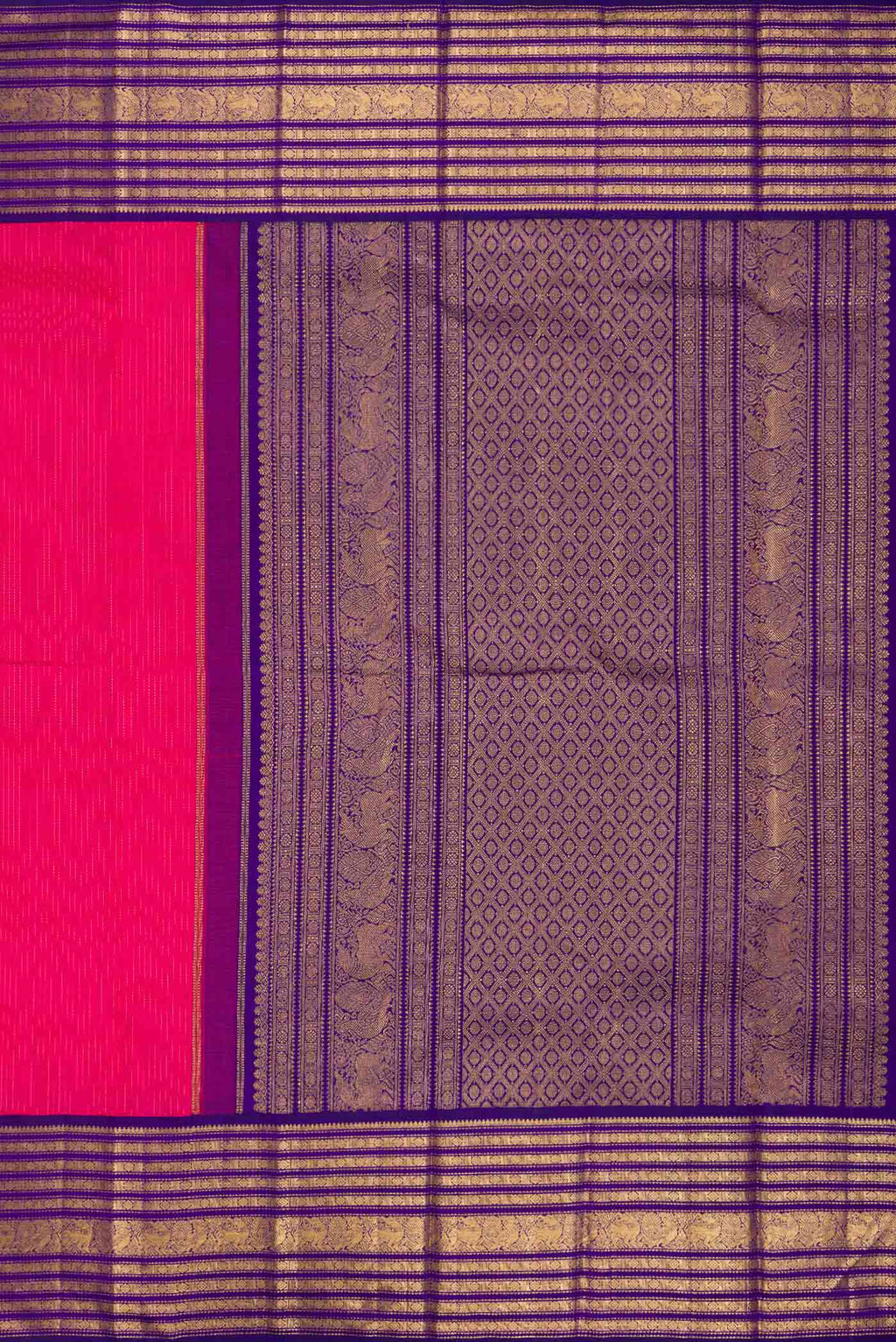 Close up image of the pallu of Dark Pink Dual Tone Kanchipuram Silk Saree with Stripes on the body and Zari Border
