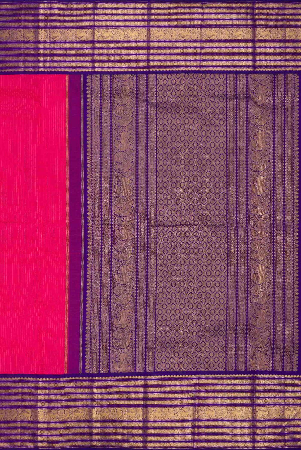 Close up image of the pallu of Dark Pink Dual Tone Kanchipuram Silk Saree with Stripes on the body and Zari Border