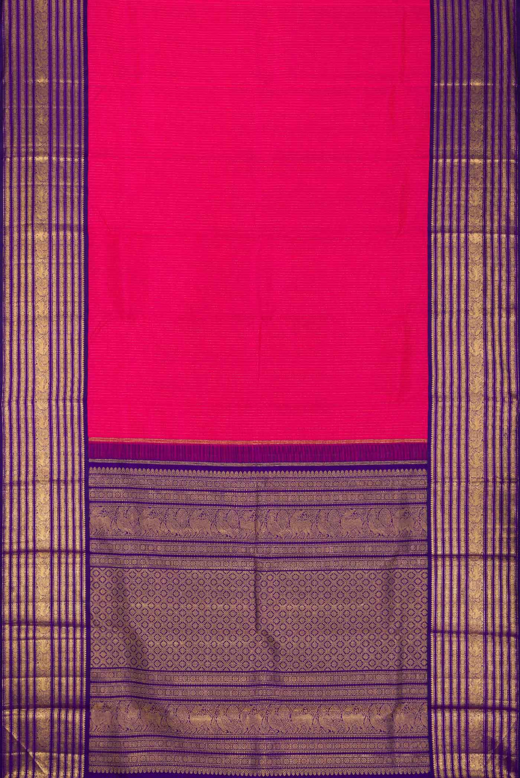 Flat view of Dark Pink Dual Tone Kanchipuram Silk Saree with Stripes on the body and Zari Border
