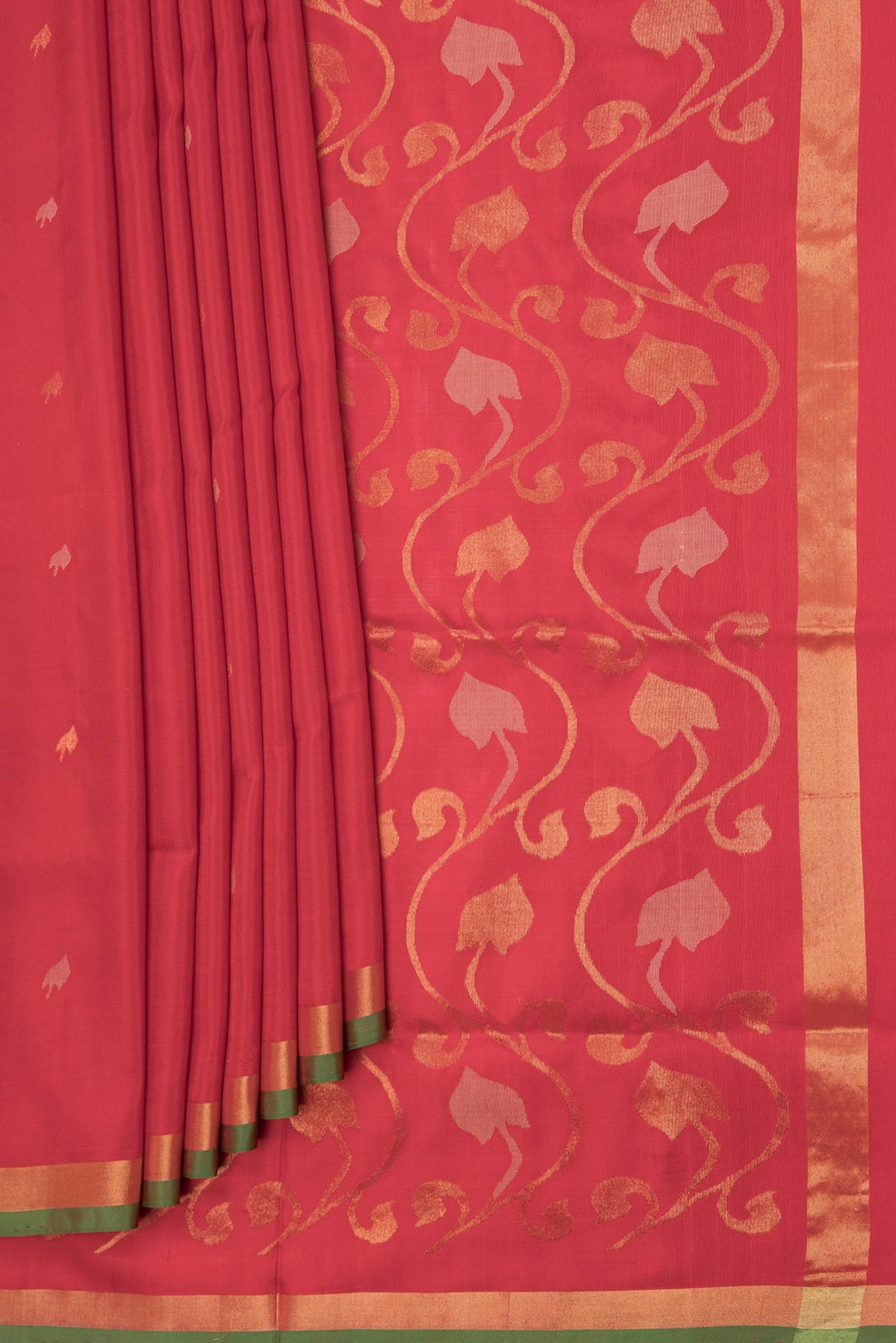 Pleats and pallu of Red Dual Tone Uppada Silk Saree with Zari And Thread Butta on the body and Zari Border
