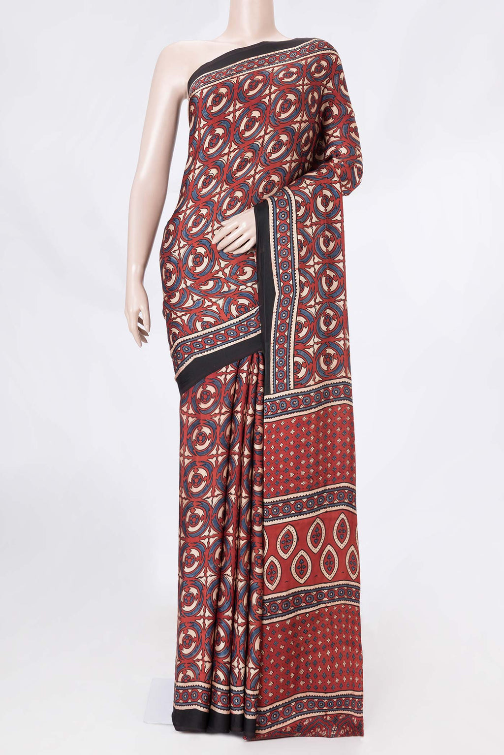 Red Dual Tone Satin Silk Saree with Printed design on the body and Printed Border displayed on a mannequin