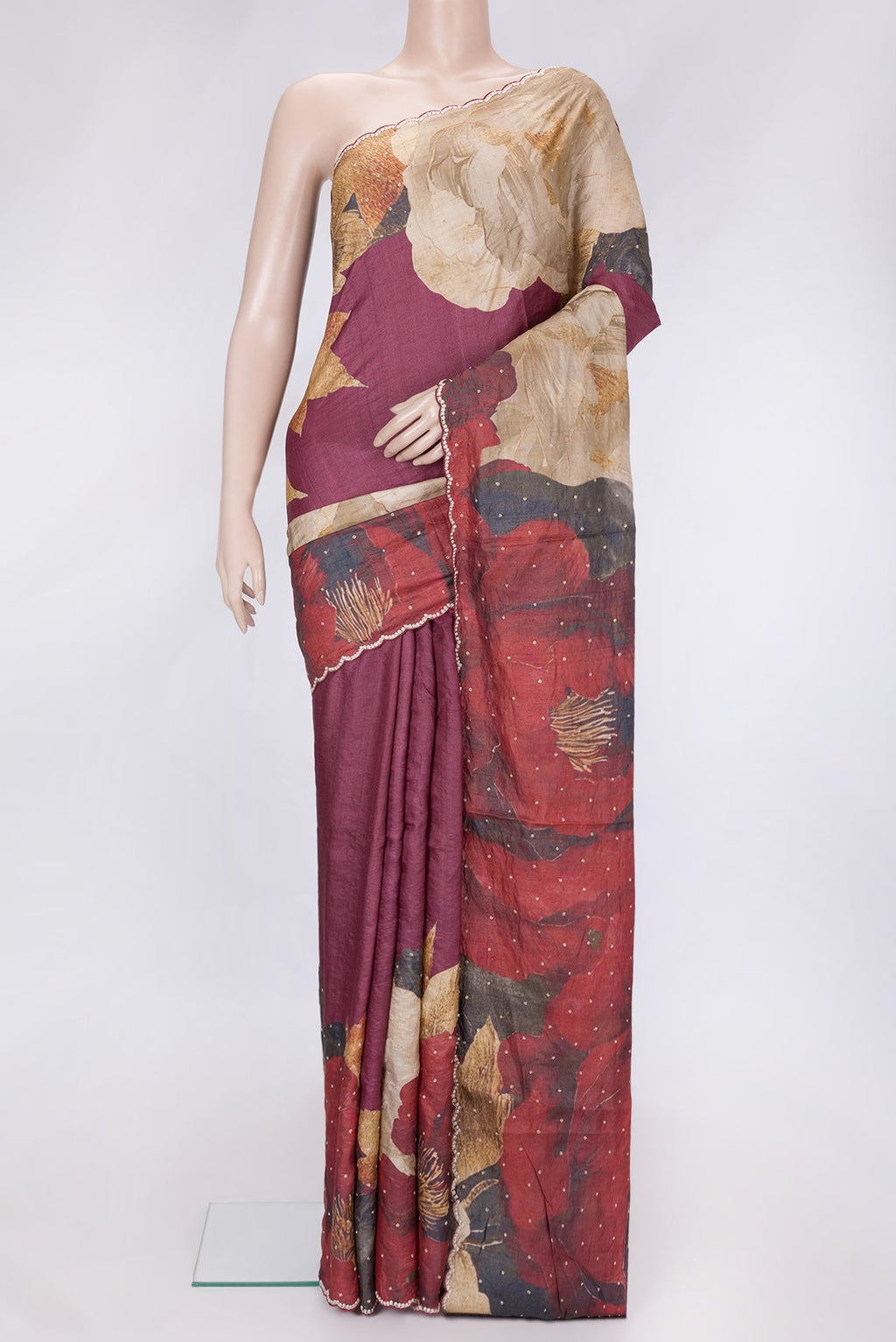 Pink,Red and Magenta Color Tussar Silk Saree with Embroidery on the body and Embroidery Border.  displayed on a mannequin