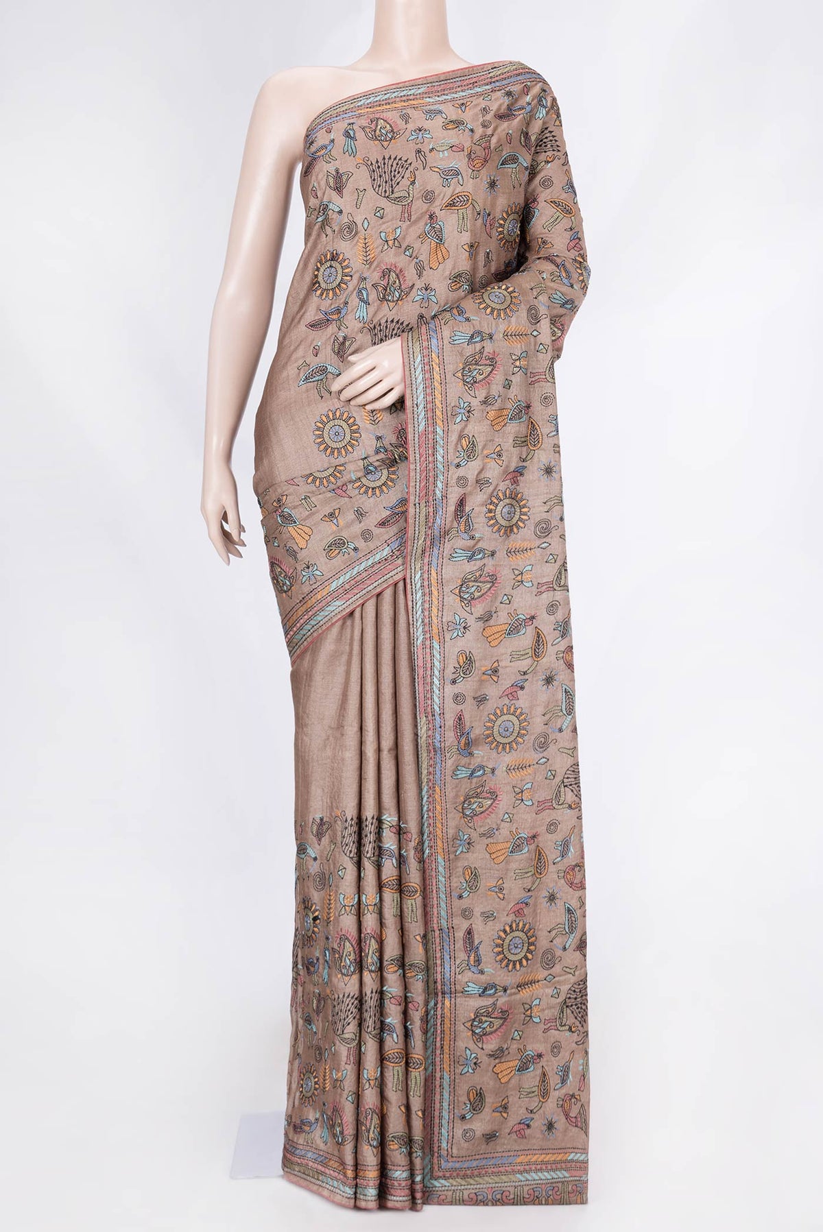 Brown Dual Tone Tussar Silk Saree with Embroidery on the body and Embroidery Border displayed on a mannequin