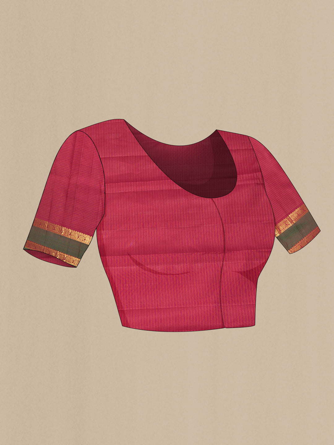 Close up image of the blouse of Maroon Dual Tone Kanchipuram Silk Saree with Checked design on the body and Zari Border