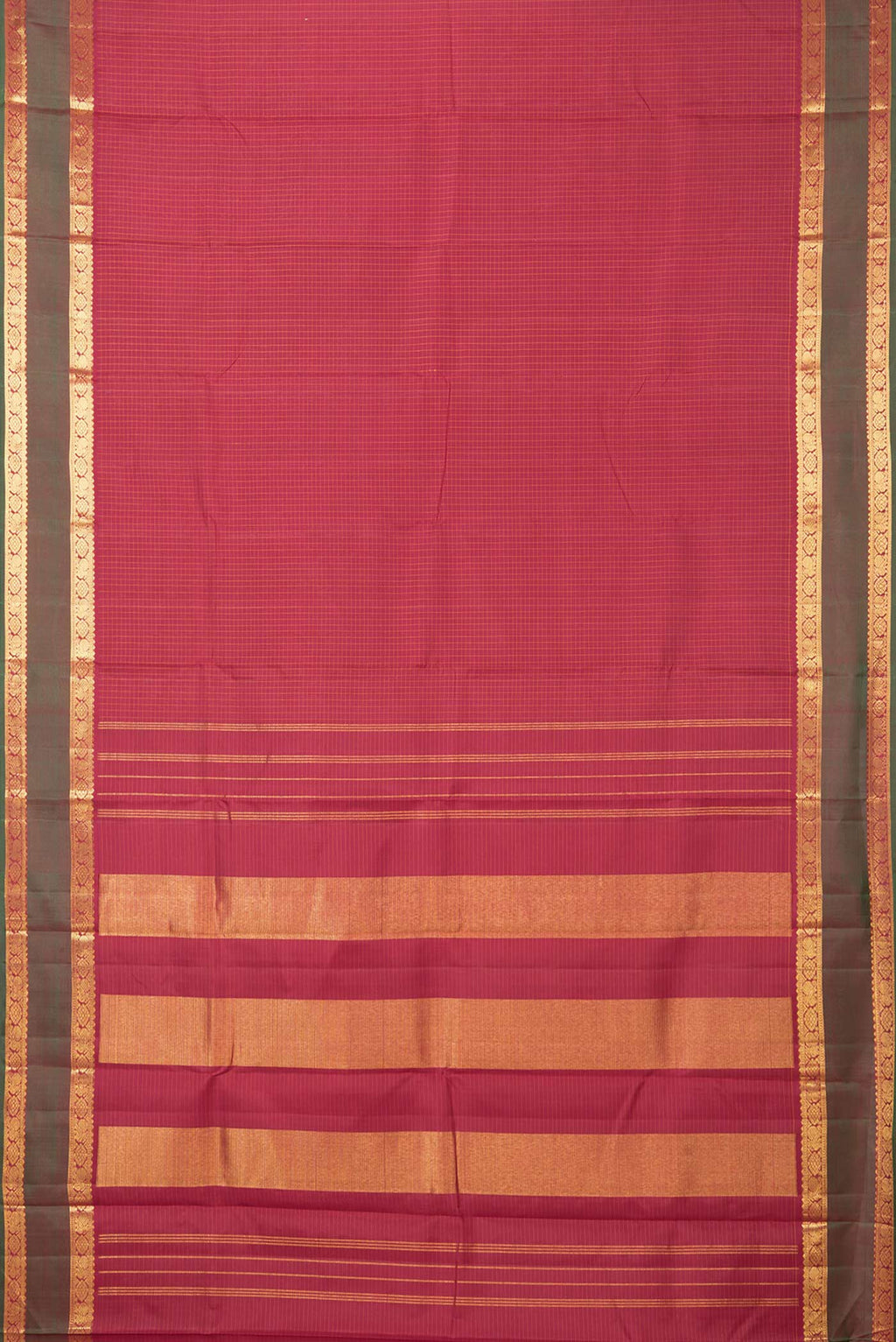 Flat view of Maroon Dual Tone Kanchipuram Silk Saree with Checked design on the body and Zari Border