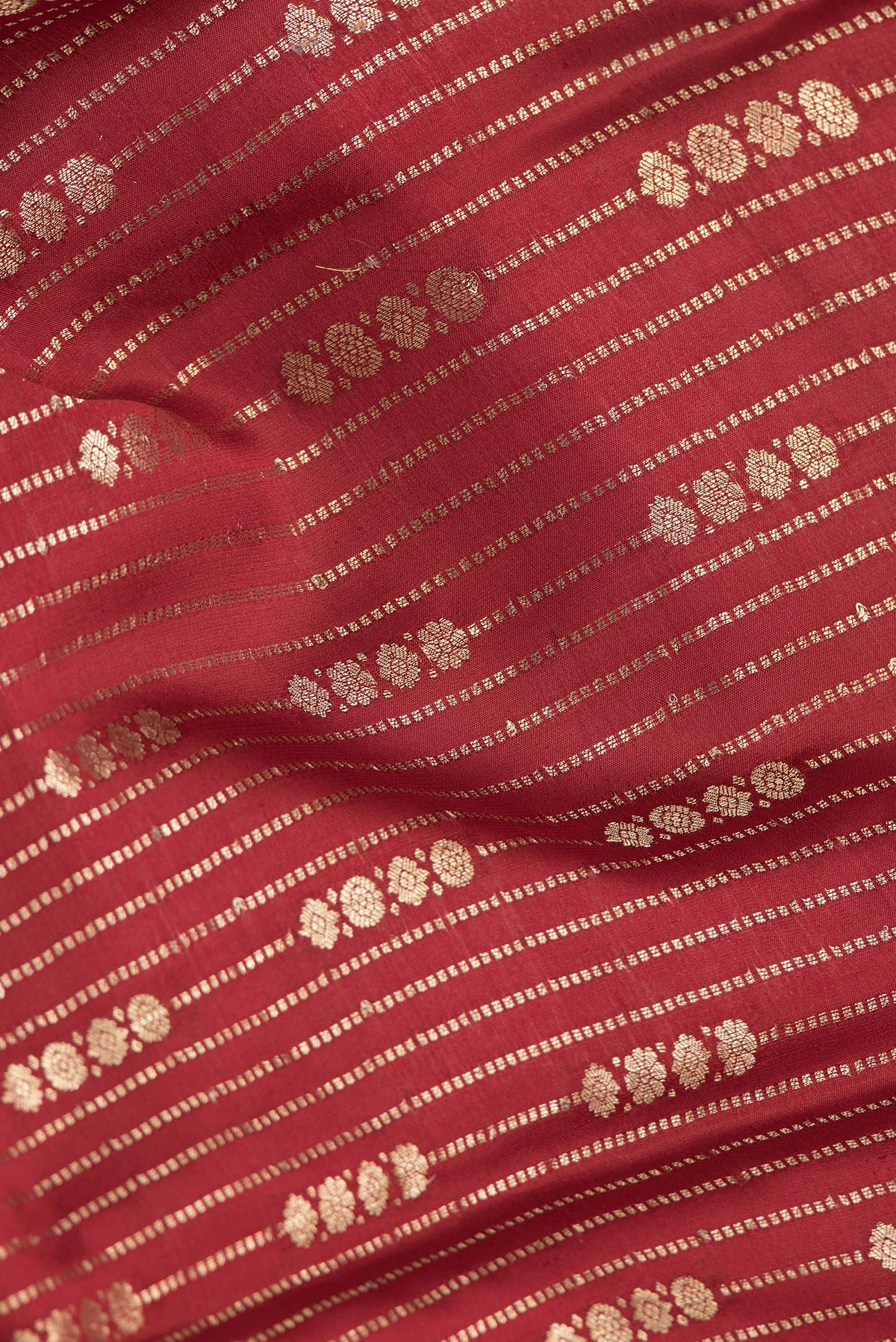 Close up of Maroon Dual Tone Mysore Silk Saree with Stripes on the body and Zari Border.  displaying folds