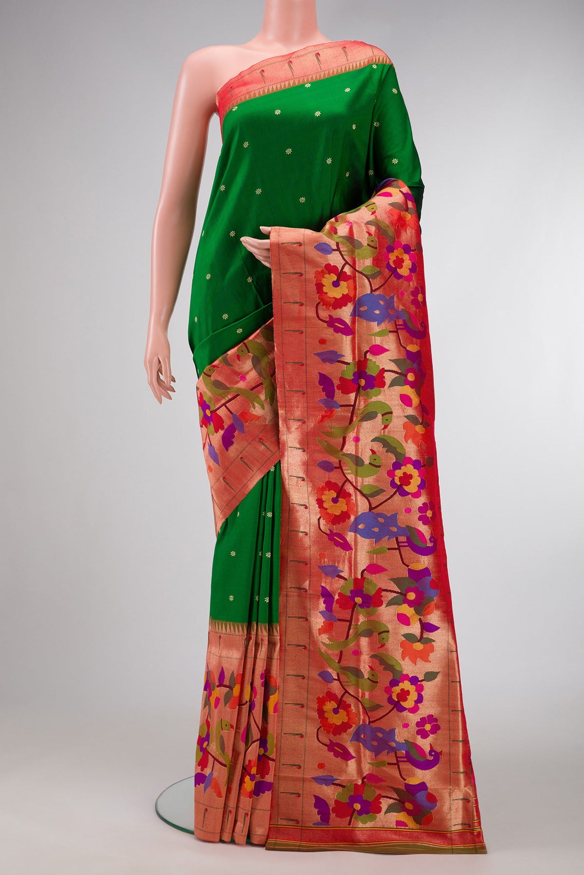 Bottle Green Dual Tone Paithani Silk Saree with Zari Butta on the body and Paithani Border.  displayed on a mannequin