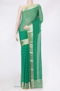 Green Mysore Chiffon Saree with Stripes on the body and Zari Border.  displayed on a mannequin