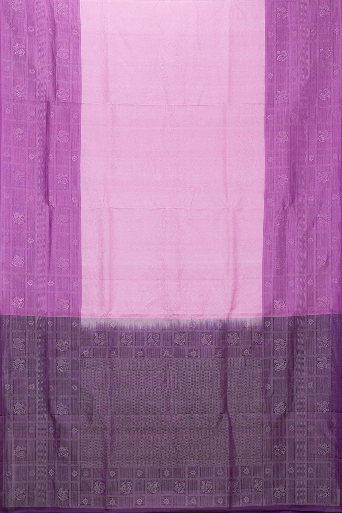 Flat view of Pink Dual Tone Soft Silk Saree with Zari Brocade on the body and Zari Border. 