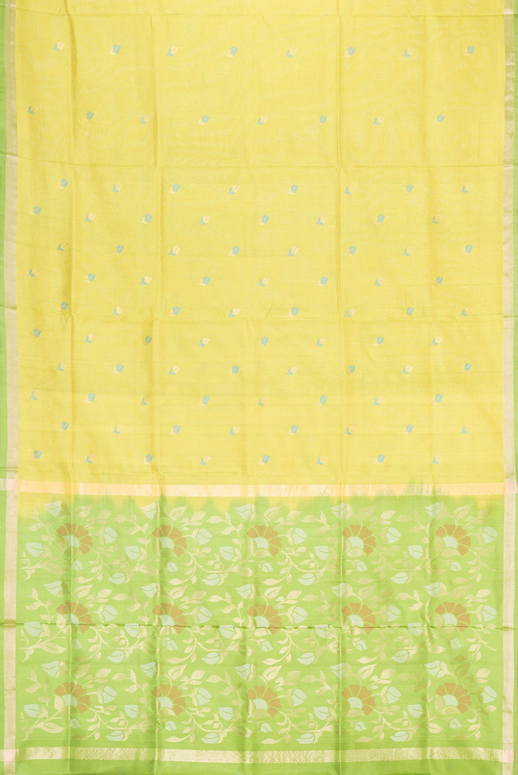 Flat view of Parrot Green Dual Tone Uppada Silk Saree with Zari And Thread Butta on the body and Zari Border