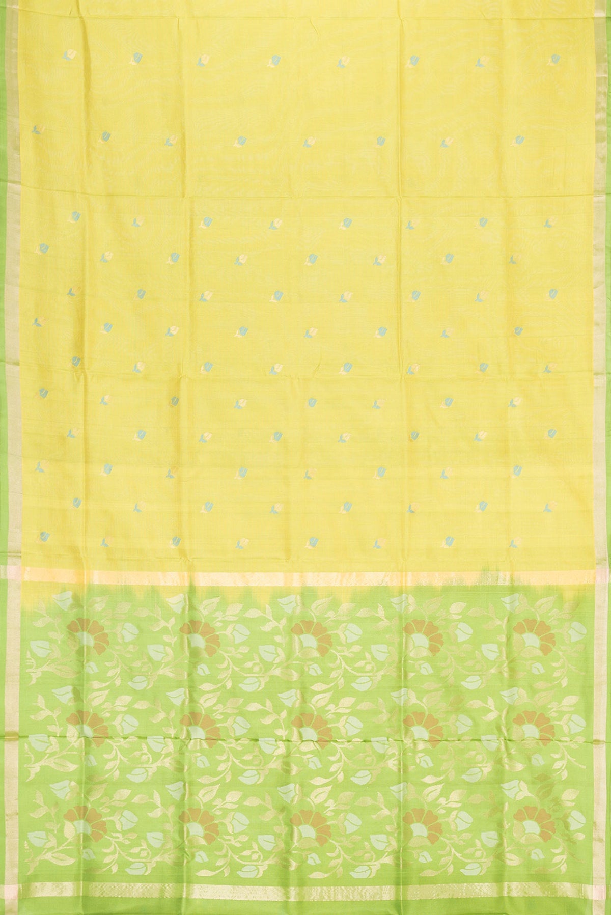 Flat view of Parrot Green Dual Tone Uppada Silk Saree with Zari And Thread Butta on the body and Zari Border