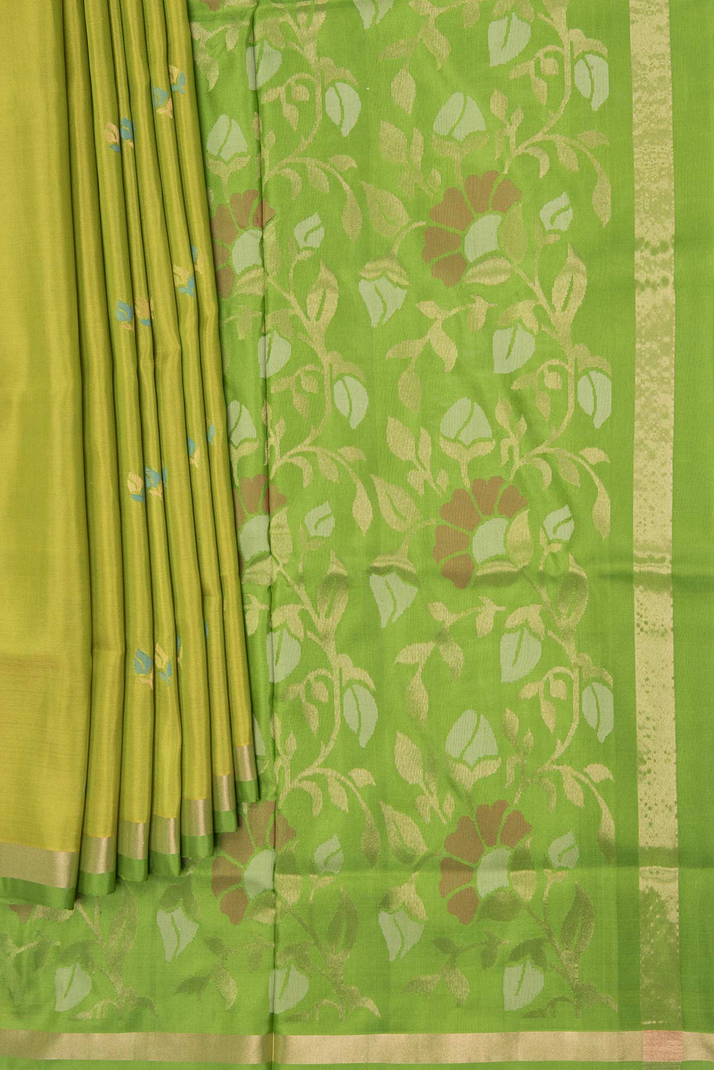 Pleats and pallu of Parrot Green Dual Tone Uppada Silk Saree with Zari And Thread Butta on the body and Zari Border
