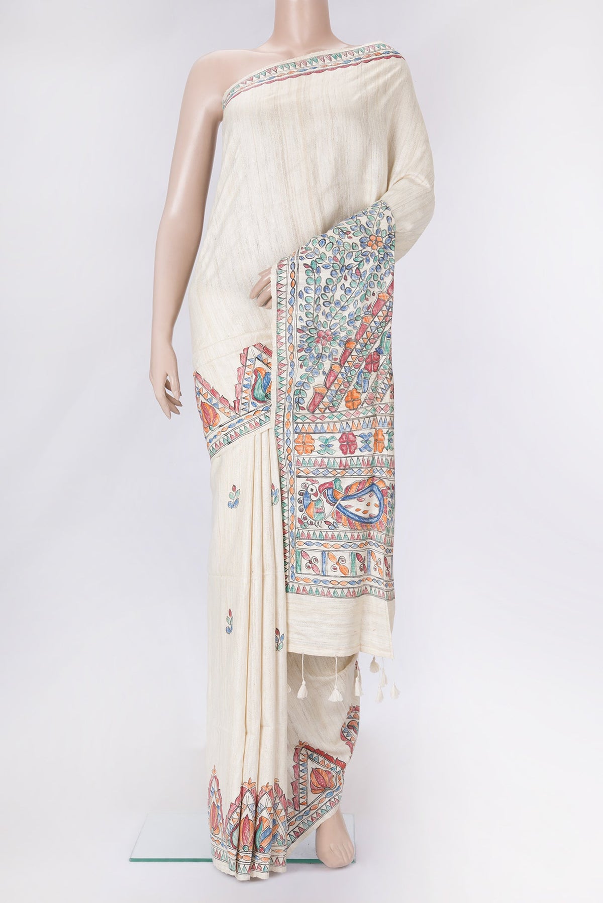 Beige Dual Tone Tussar Silk Saree with Plain Body and Fancy Border.  displayed on a mannequin