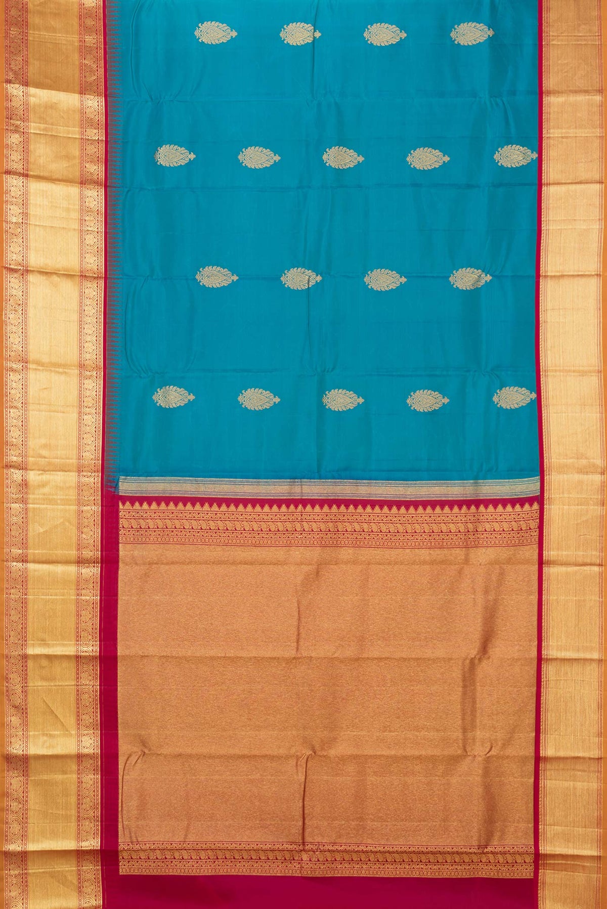 Flat view of Peacock Blue Dual Tone Kanchipuram Saree with Zari Butta on the body and Zari Border