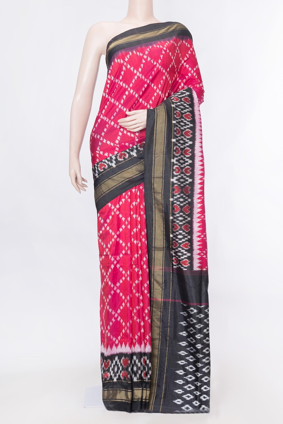 Pink Dual Tone Pochampally Silk Saree with Ikat Print on the body and Ikat Border displayed on a mannequin