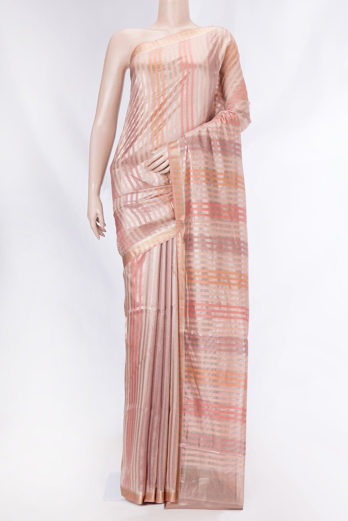 Golden Peach Dual Tone Banarasi Saree with Stripes on the body and Zari Border displayed on a mannequin