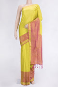 Lemon Yellow Dual Tone Soft Silk Saree with Zari Butta on the body and Fancy Border.  displayed on a mannequin