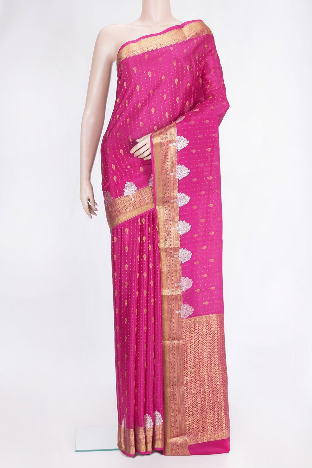Pink Dual Tone Mysore Silk Saree with Zari Butta on the body and Zari Border.  displayed on a mannequin