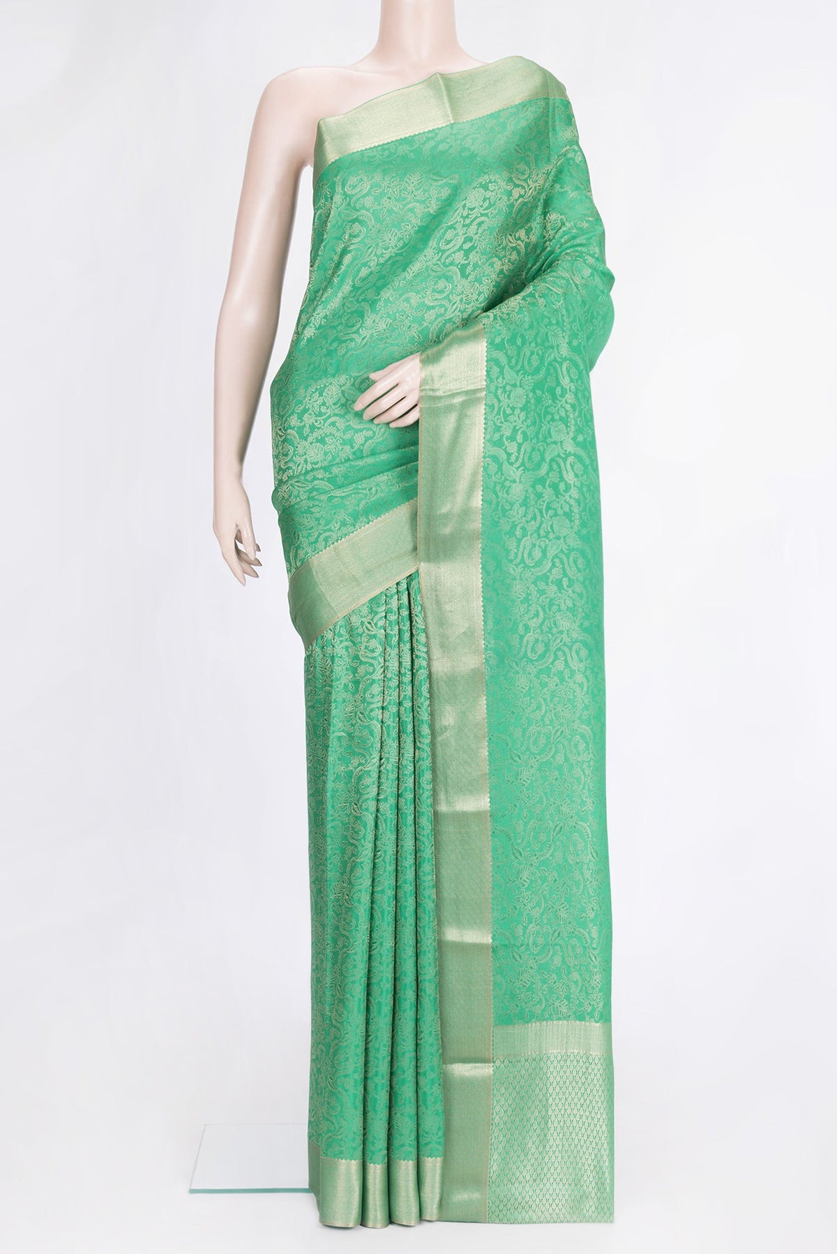 Sea Green Dual Tone Mysore Silk Saree with Zari Brocade on the body and Zari Border.  displayed on a mannequin