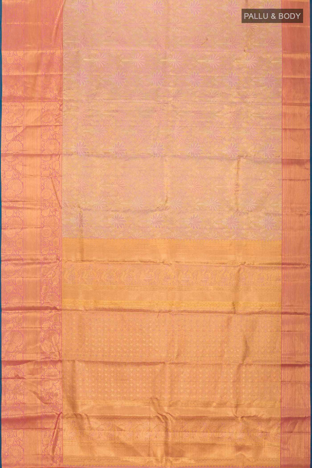 Flat view of Multicolor Kanchipuram Tissue Silk Saree with Zari Brocade on the body and Zari Border