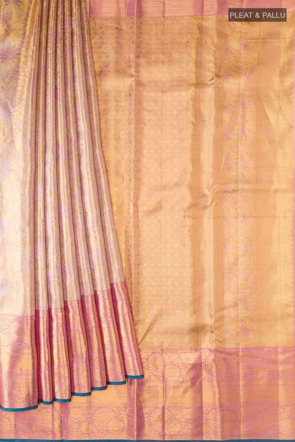 Pleats and pallu of Multicolor Kanchipuram Tissue Silk Saree with Zari Brocade on the body and Zari Border