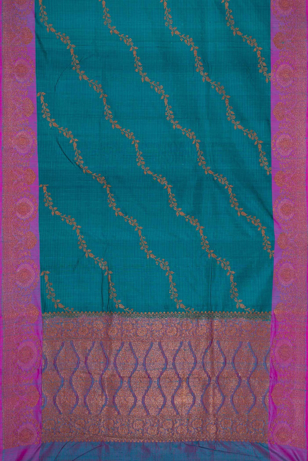 Flat view of Maya Blue Banarasi Tussar Silk Saree with Zari Butta on the body and Zari Border
