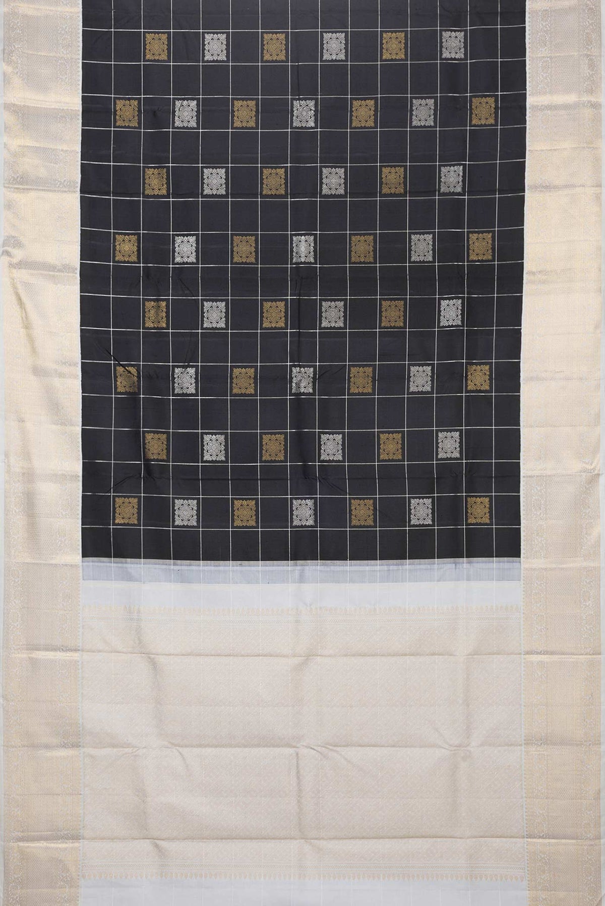 Flat view of Pure Silk Pure Zari Black Dual Tone Kanchipuram Saree with Checked design on the body and Zari Border