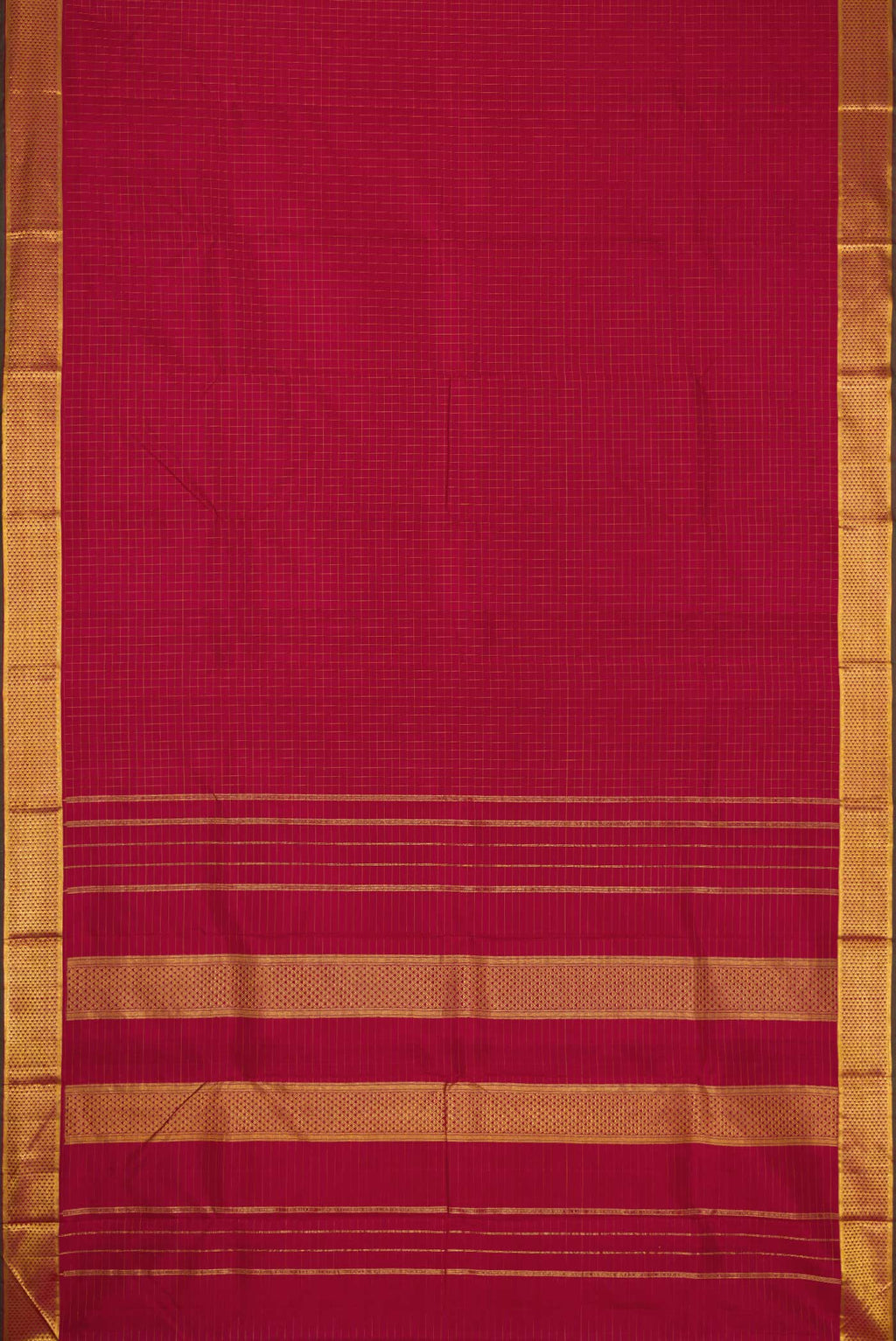 Flat view of Maroon Dual Tone Kanchipuram Silk Saree with Checked design on the body and Zari Border. 