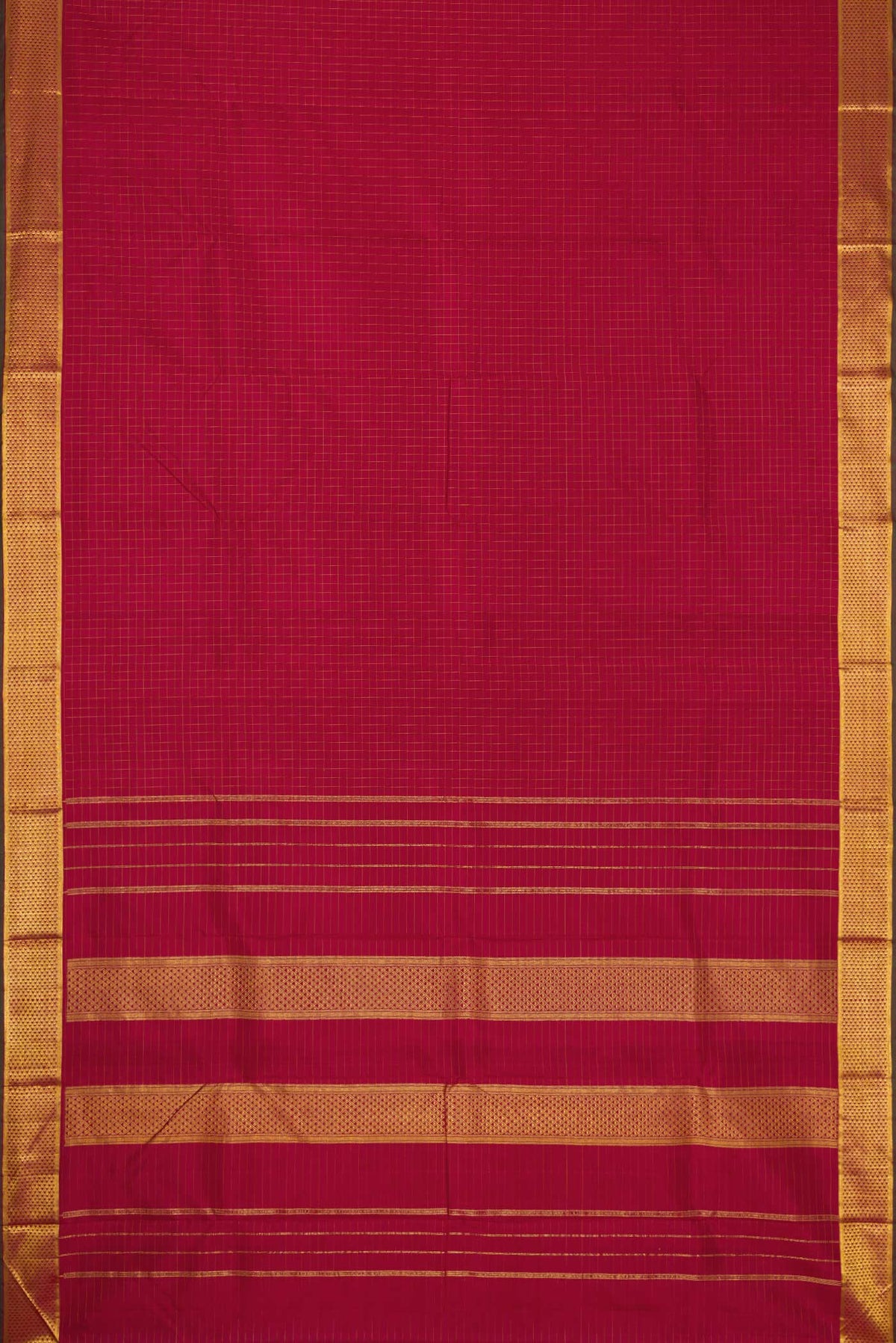 Flat view of Maroon Dual Tone Kanchipuram Silk Saree with Checked design on the body and Zari Border. 