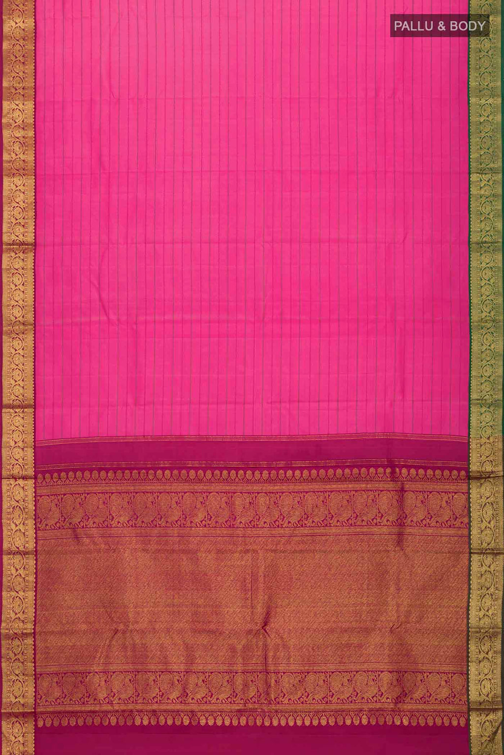 Flat view of Pink Kanchipuram Silk Saree with Stripes on the body and Zari Border