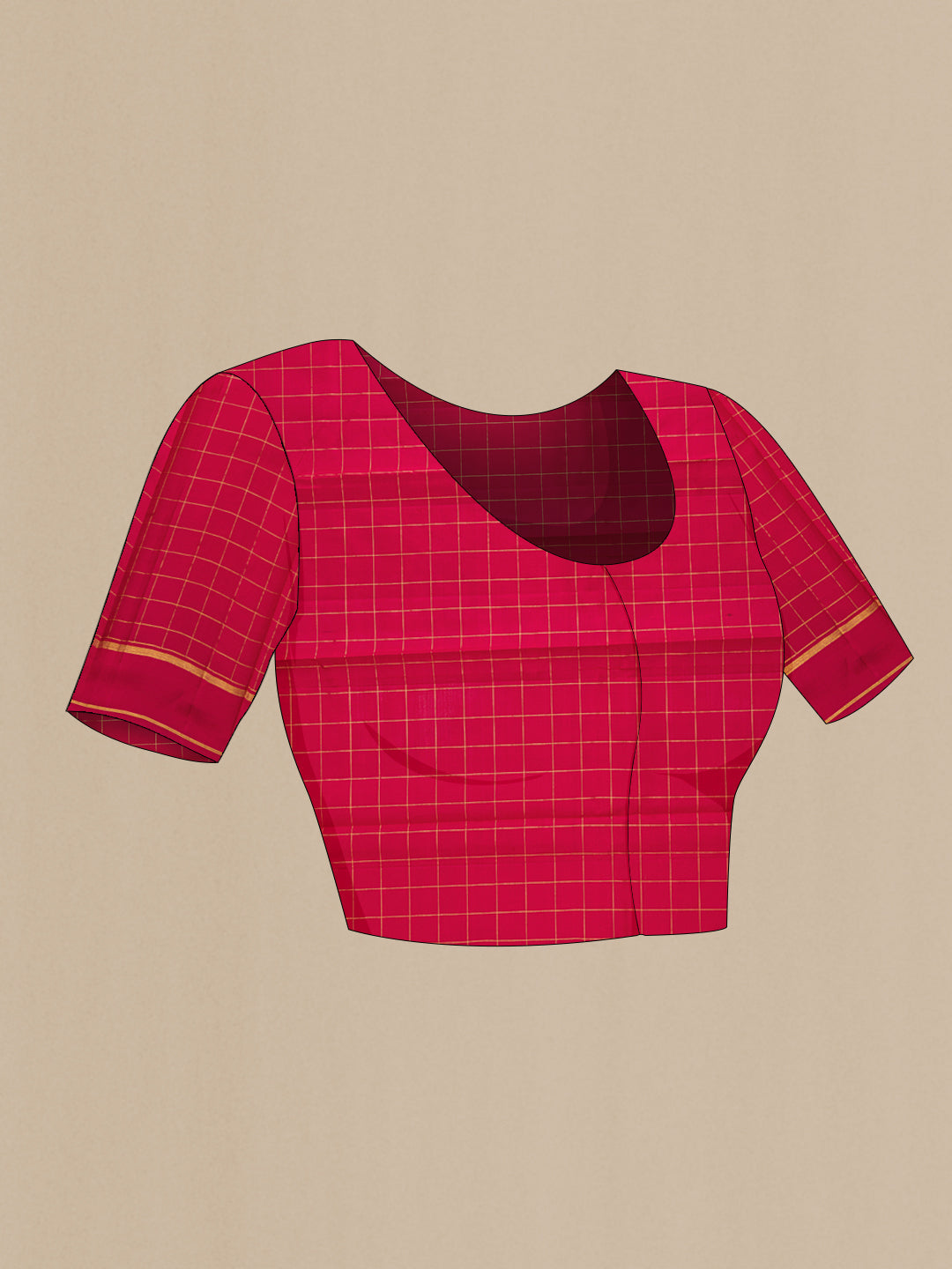Close up image of the blouse of Maroon Kanchipuram Silk Saree with Checked design on the body and Fancy Border. 
