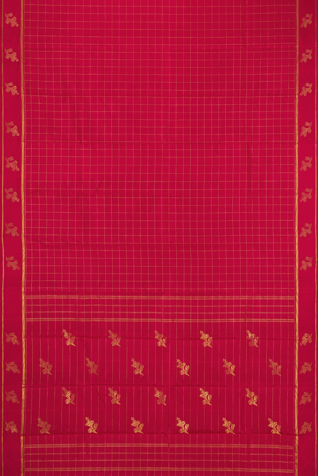 Flat view of Maroon Kanchipuram Silk Saree with Checked design on the body and Fancy Border. 