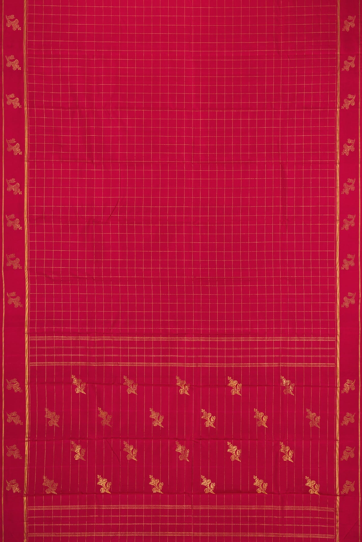 Flat view of Maroon Kanchipuram Silk Saree with Checked design on the body and Fancy Border. 