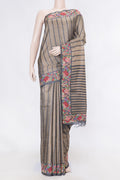 Black Dual Tone Tussar Silk Saree with Stripes on the body and Embroidery Border displayed on a mannequin