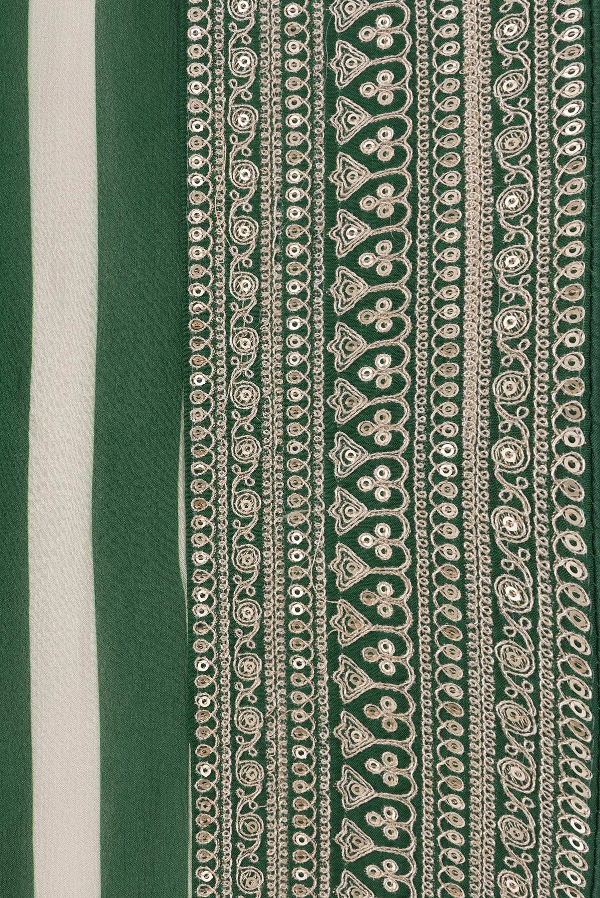 Border image of Off White and Green Color Mysore Crepe Saree with Printed design on the body and Embroidery Border. 
