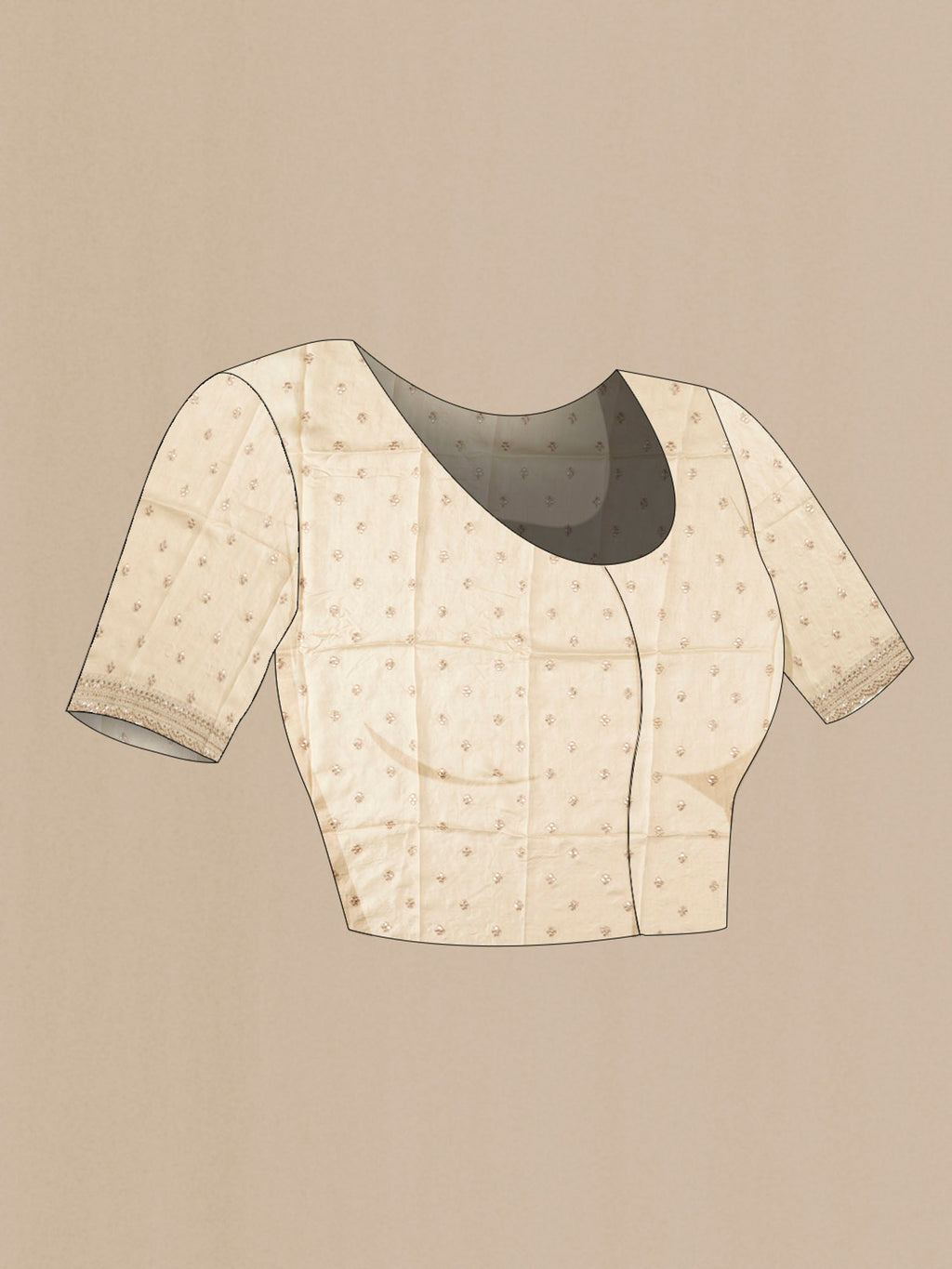 Close up image of the blouse of Cream Tissue Silk SareePrinted design on the body and Embroidery Border