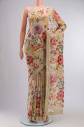 Cream Tissue Silk SareePrinted design on the body and Embroidery Border displayed on a mannequin