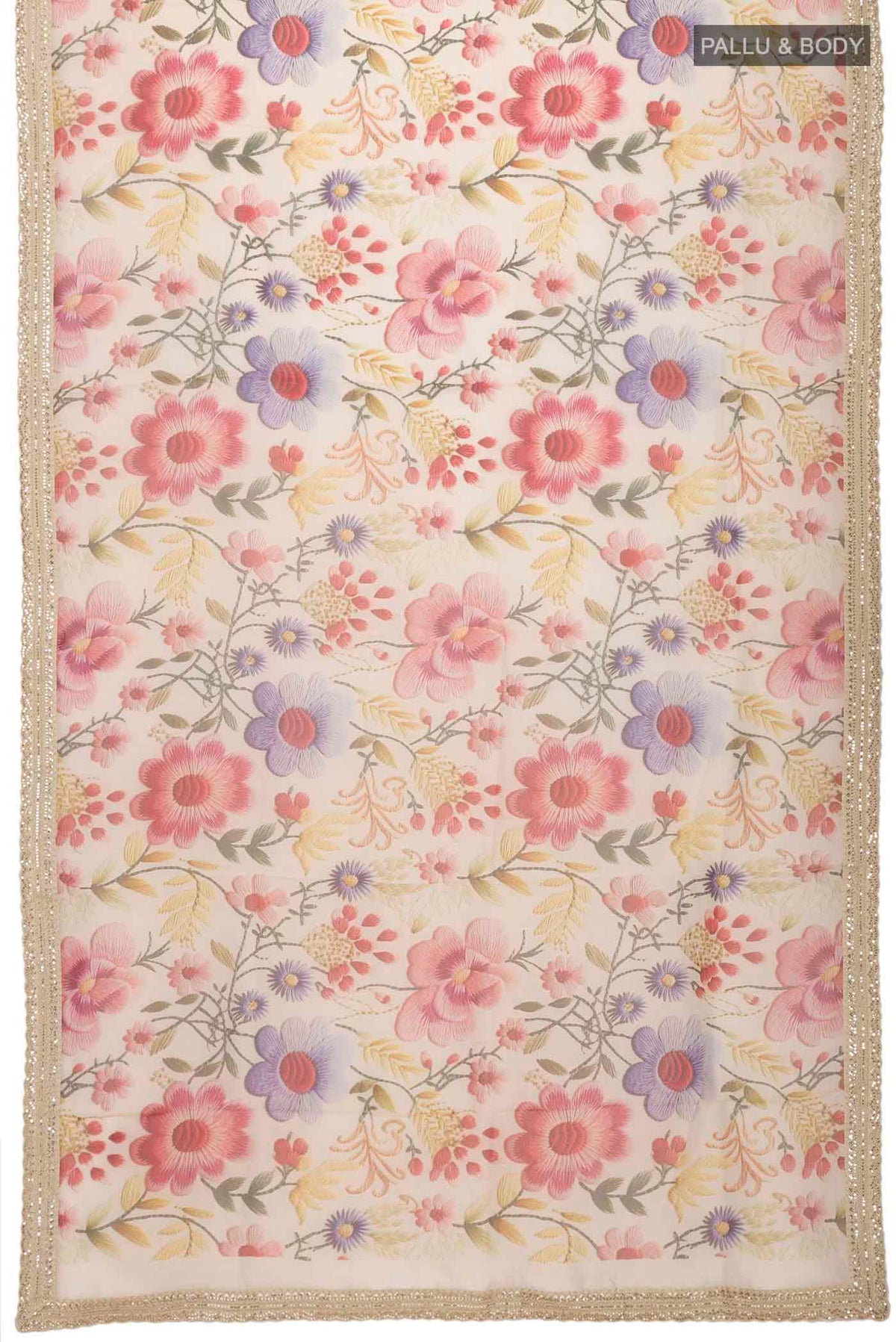 Flat view of Cream Tissue Silk SareePrinted design on the body and Embroidery Border