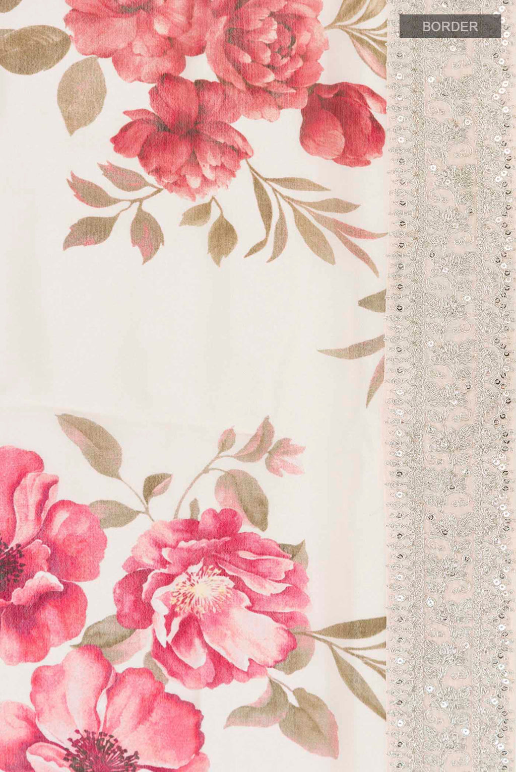 Border image of Cream Crepe SareePrinted design on the body and Embroidery Border