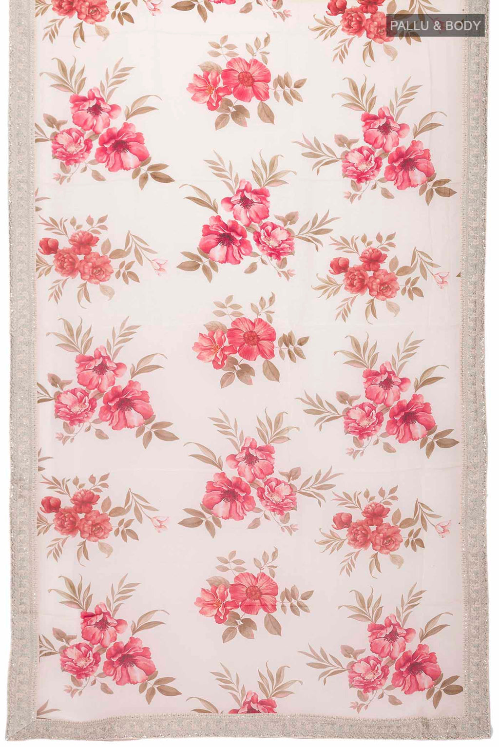 Flat view of Cream Crepe SareePrinted design on the body and Embroidery Border